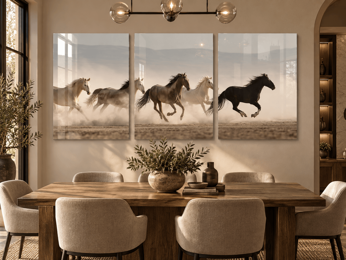 Galloping horses triptych glass wall art above a wooden dining table under a modern chandelier